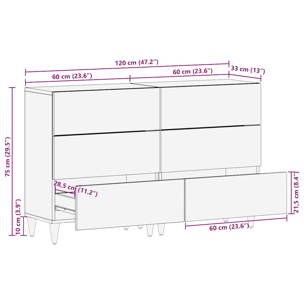 Sideboards 2 Stk. Hellgrau 60x33,5x75 cm Massivholz Mango