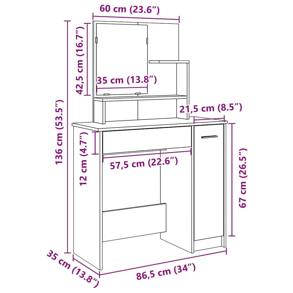 Schminktisch mit Spiegel Altholz-Optik 86,5x35x136 cm