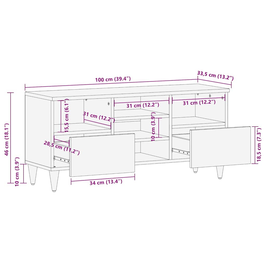 TV-Schrank mit Blätter 100x33,5x46 cm Massivholz Mango