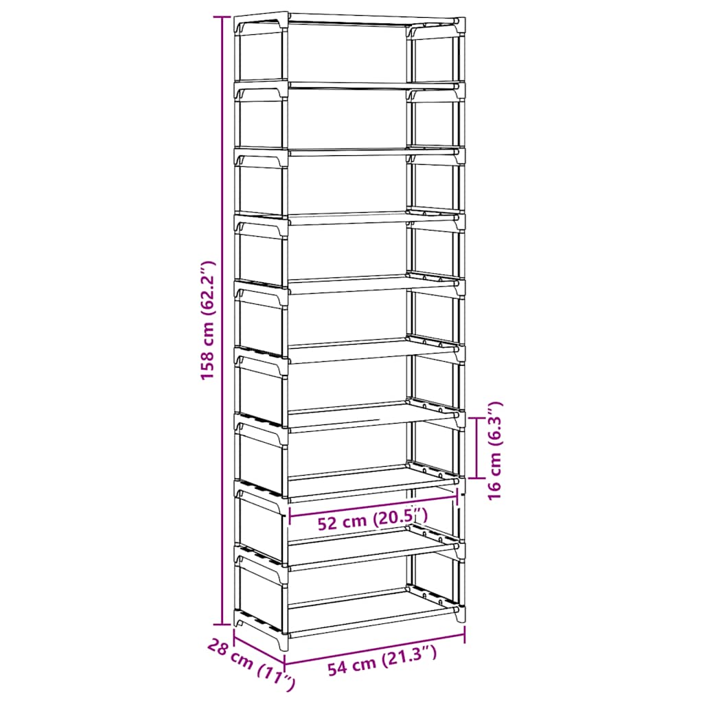 Schuhregal 10-stöckig Grau 54x28x158 cm Vliesstoff