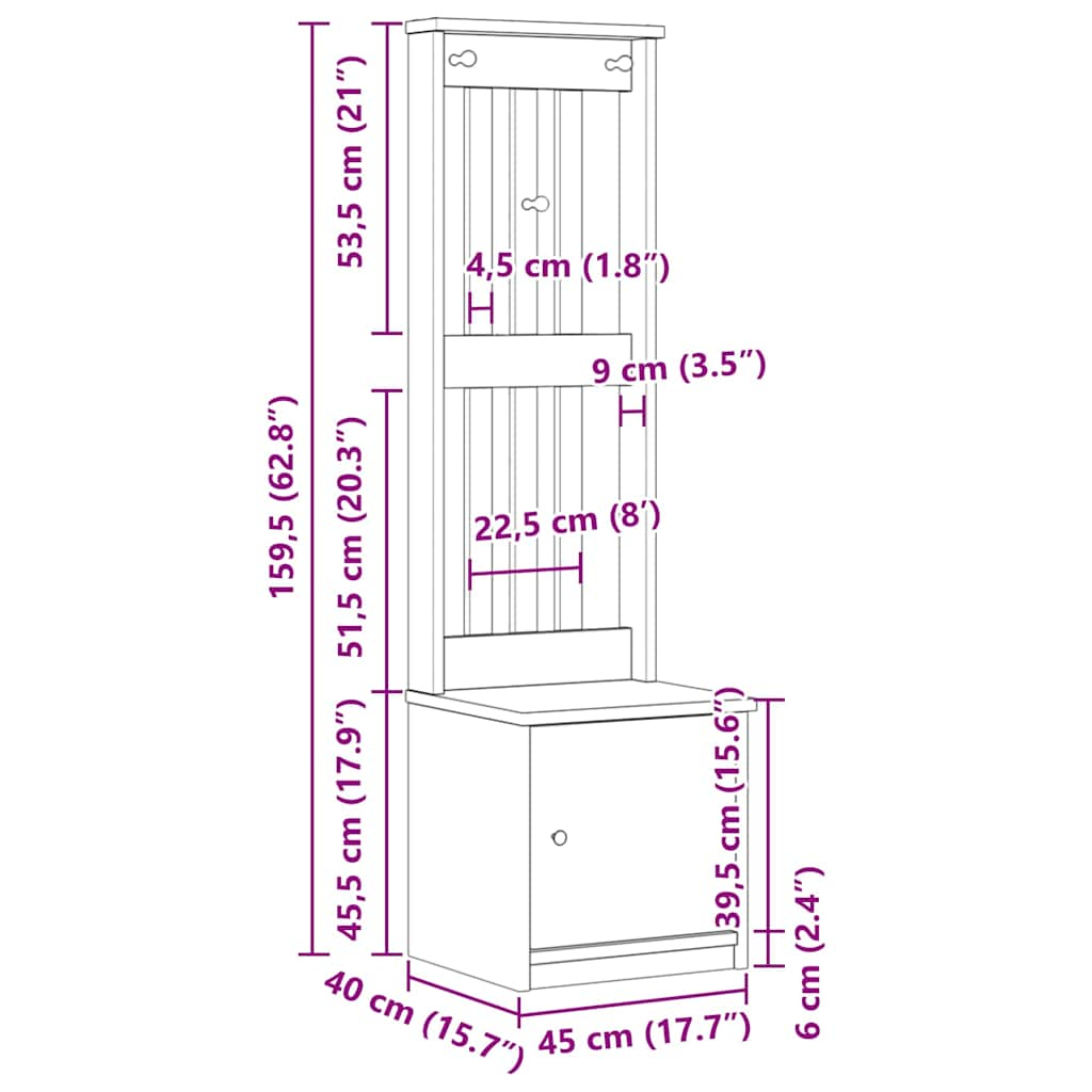 Garderobenständer SANDENS 45x40x159,5 cm Massivholz Kiefer