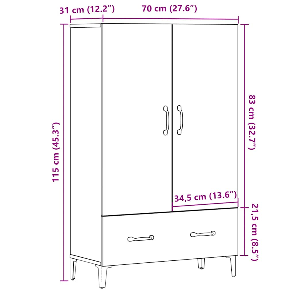 Highboard Artisan-Eiche 70x31x115 cm Holzwerkstoff