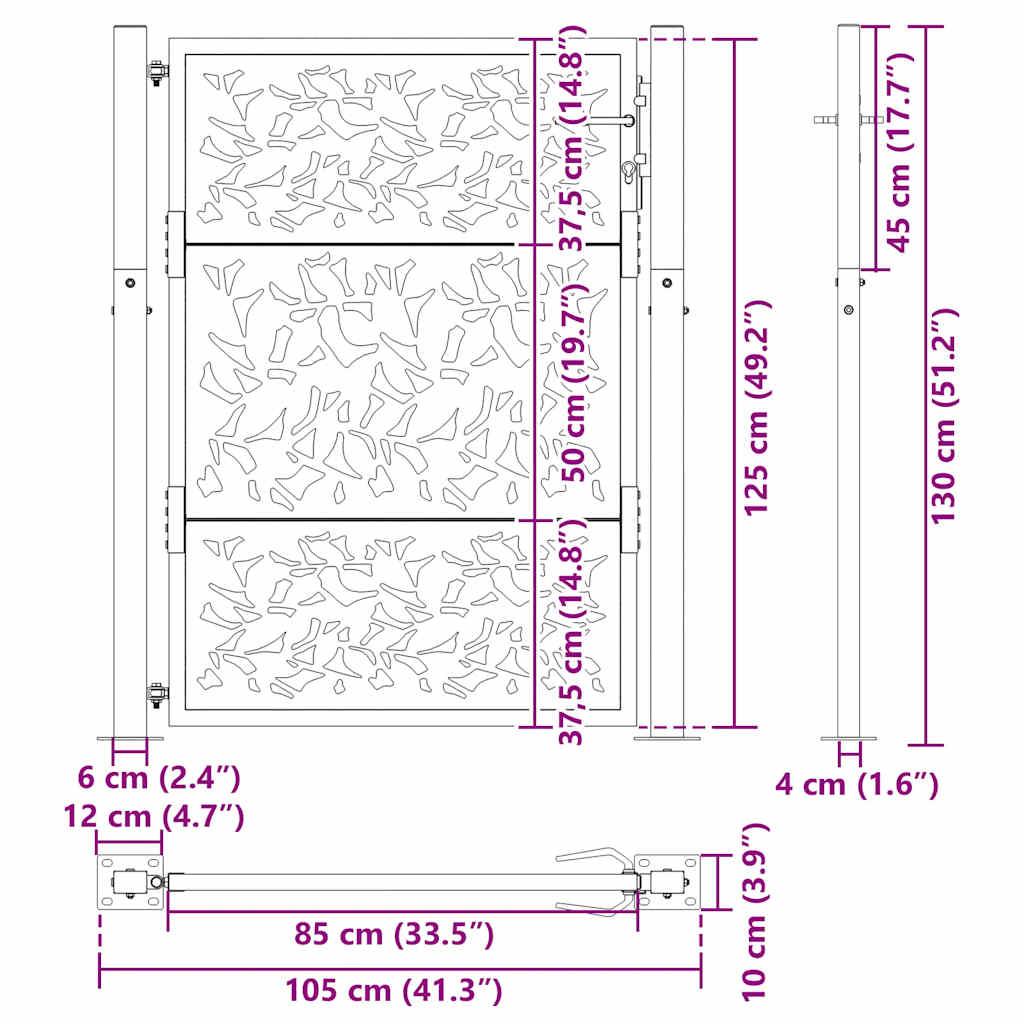 Gartentor Schwarz 105x130 cm Stahl Blatt-Design