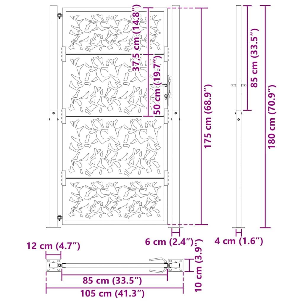 Gartentor Schwarz 105x180 cm Stahl Blatt-Design