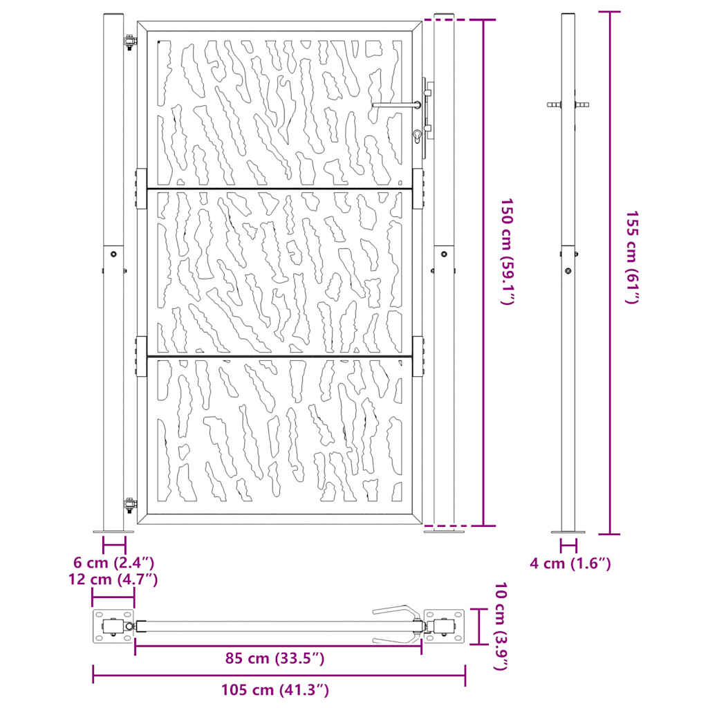 Gartentor Schwarz 105x155 cm Stahl Spurendesign