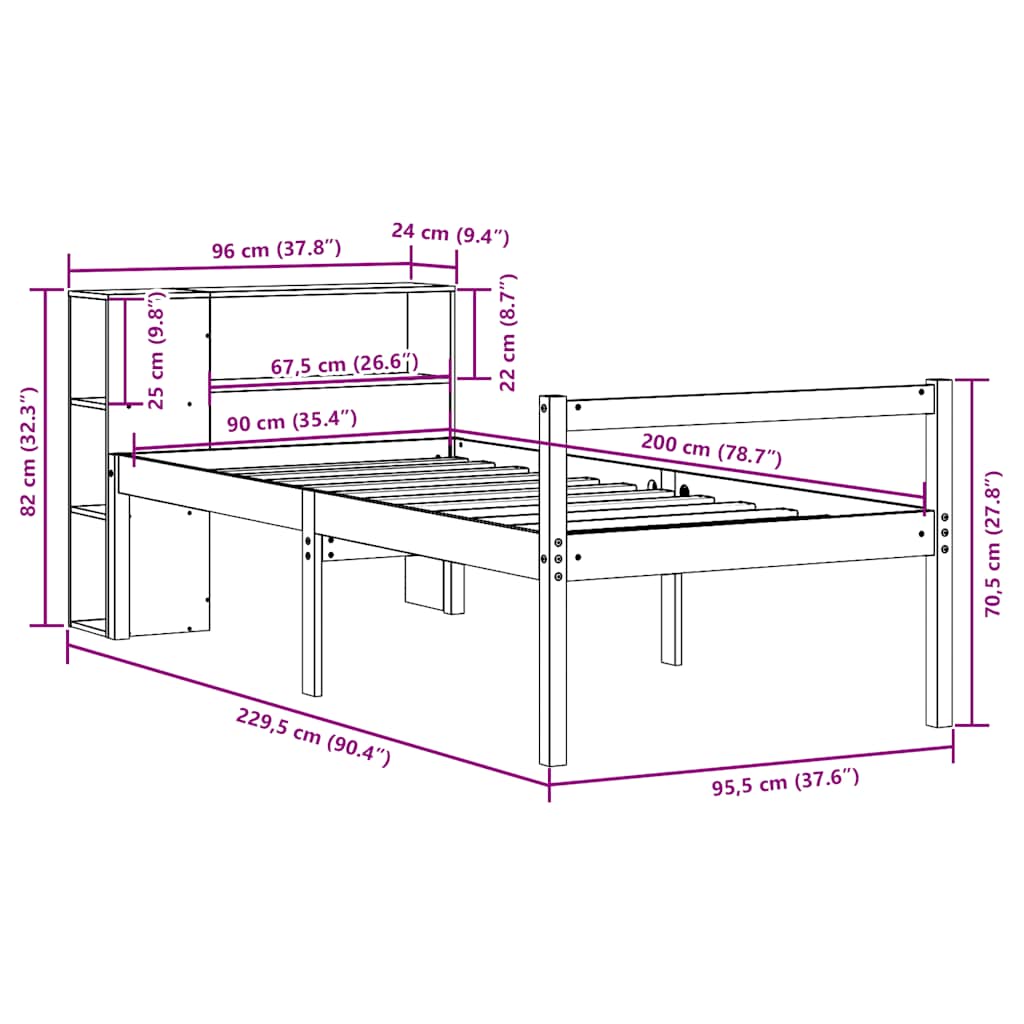 Massivholzbett mit Regal ohne Matratze 90x200 cm Kiefer