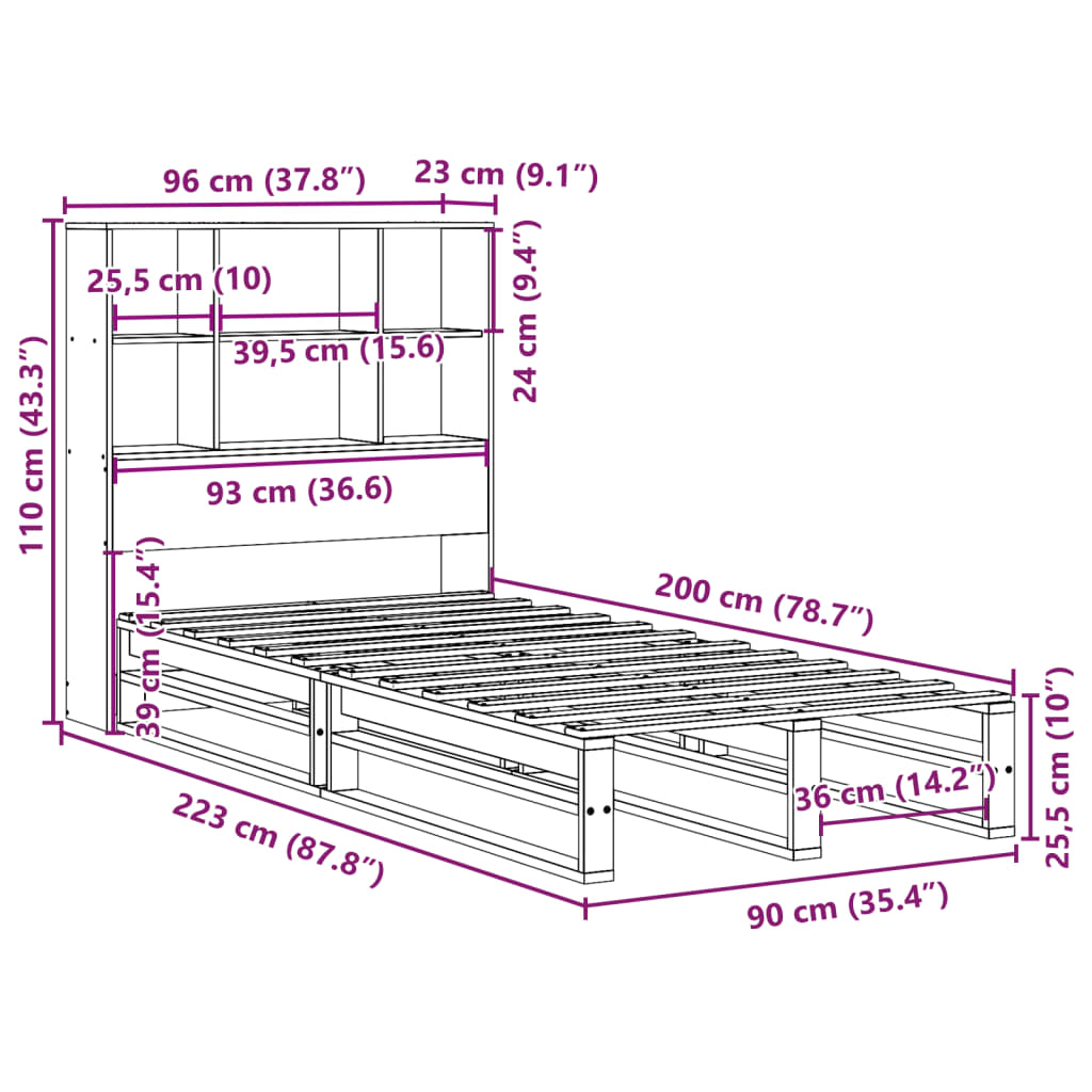 Massivholzbett mit Regal ohne Matratze 90x200 cm Massivholz