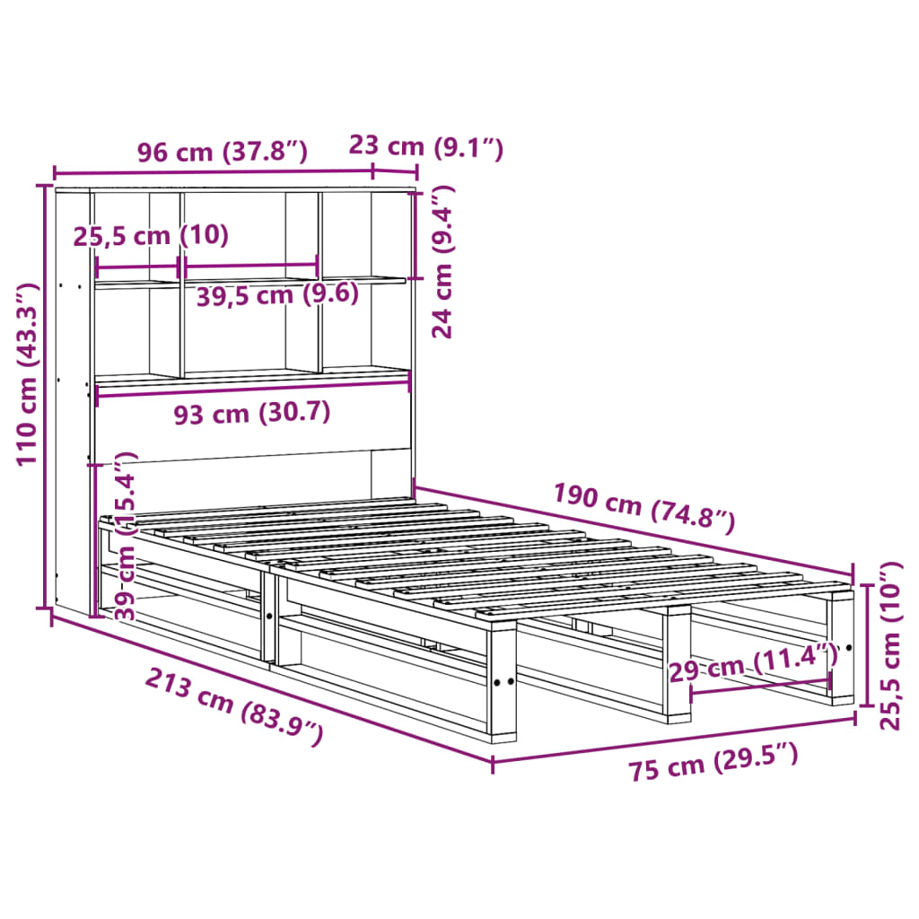 Massivholzbett mit Regal ohne Matratze 90x190 cm