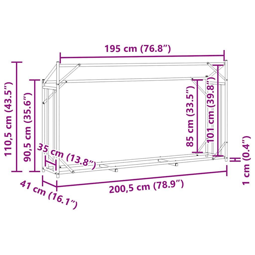 Brennholzregal mit Regenschutz 200,5x41x110,5 cm Stahl Verzinkt