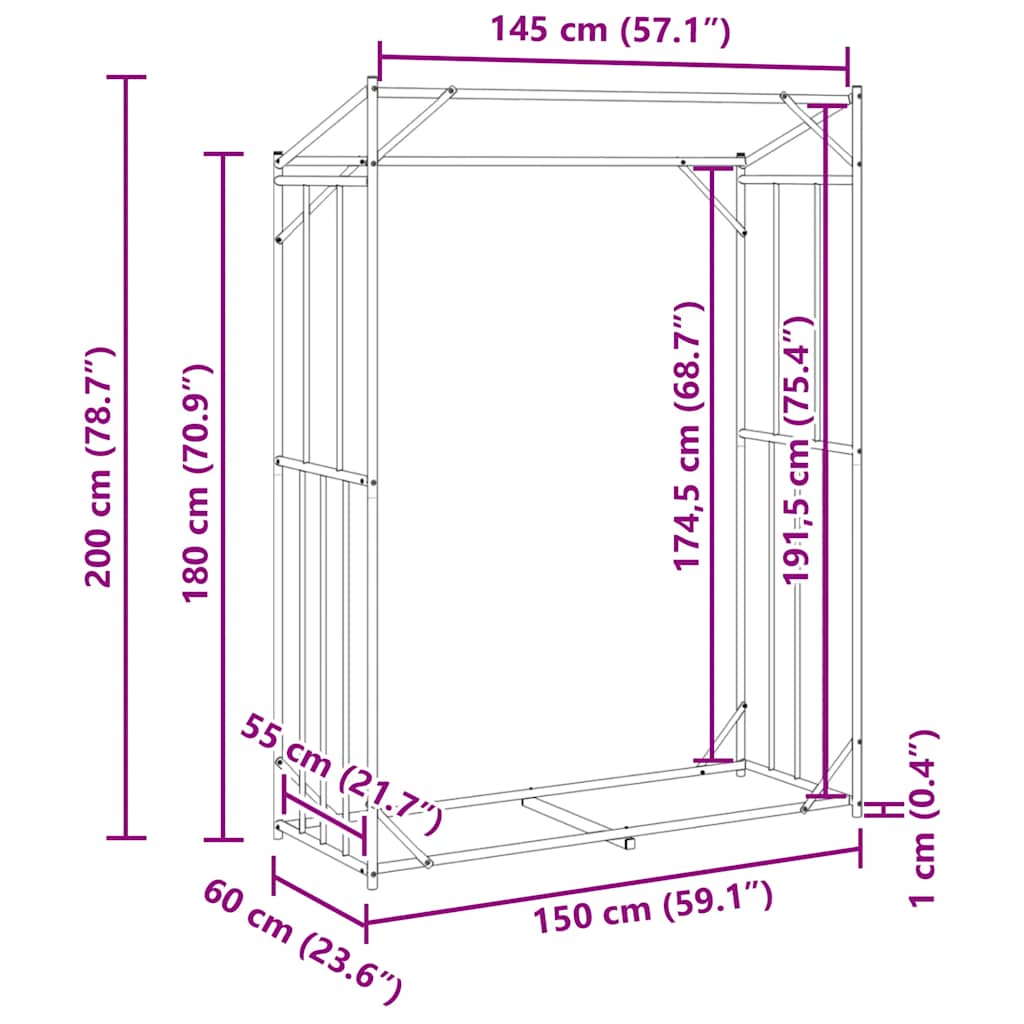 Brennholzregal mit Regenschutz 150x60x200 cm Verzinkter Stahl