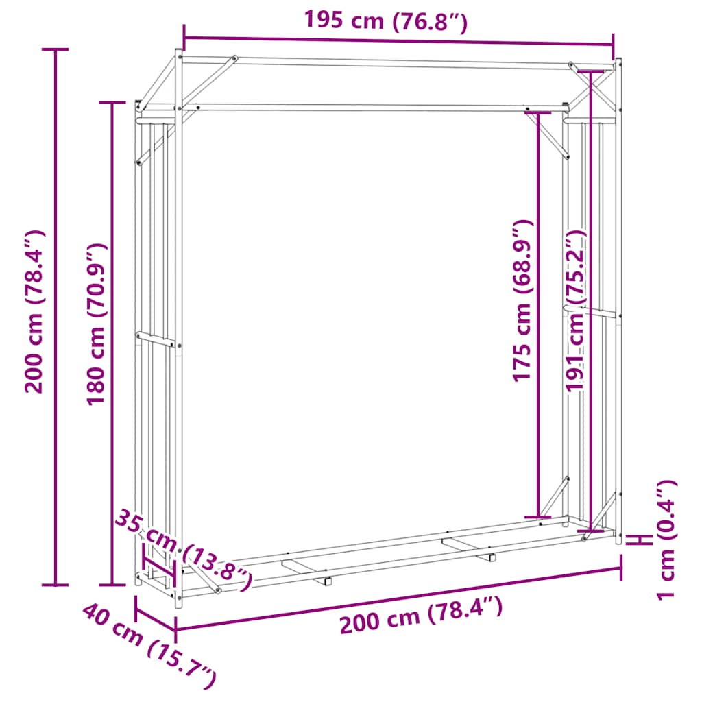 Brennholzregal mit Regenschutz 200x40x200 cm Verzinkter Stahl