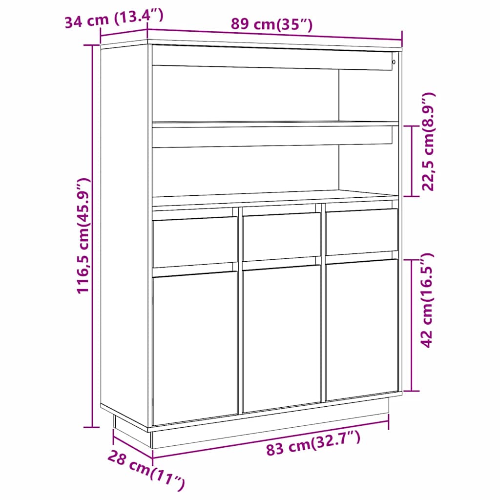 Highboard 89x34x116,5 cm Massivholz Kiefer