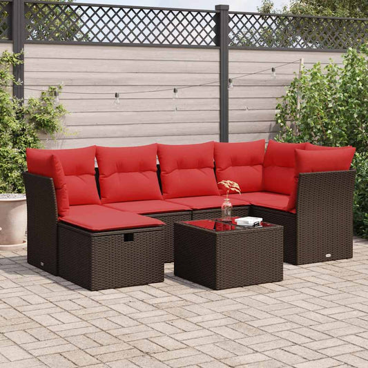 7-tlg. Garten-Sofagarnitur mit Kissen Braun Poly Rattan
