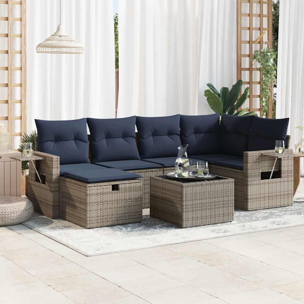7-tlg. Garten-Sofagarnitur mit Kissen Grau Poly Rattan