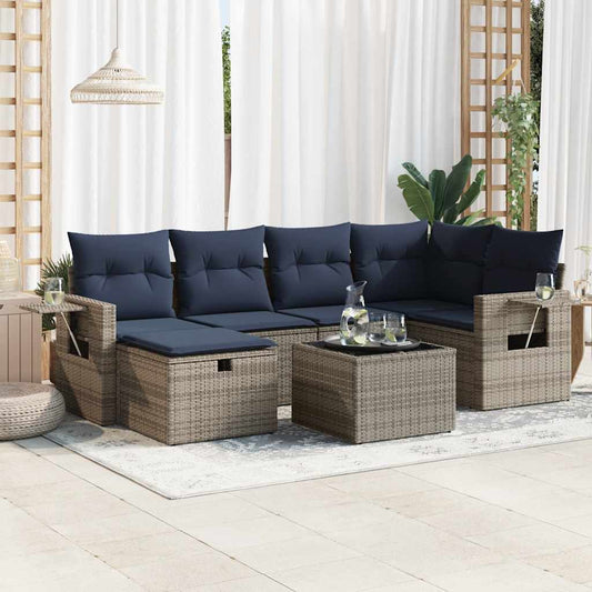 7-tlg. Garten-Sofagarnitur mit Kissen Grau Poly Rattan