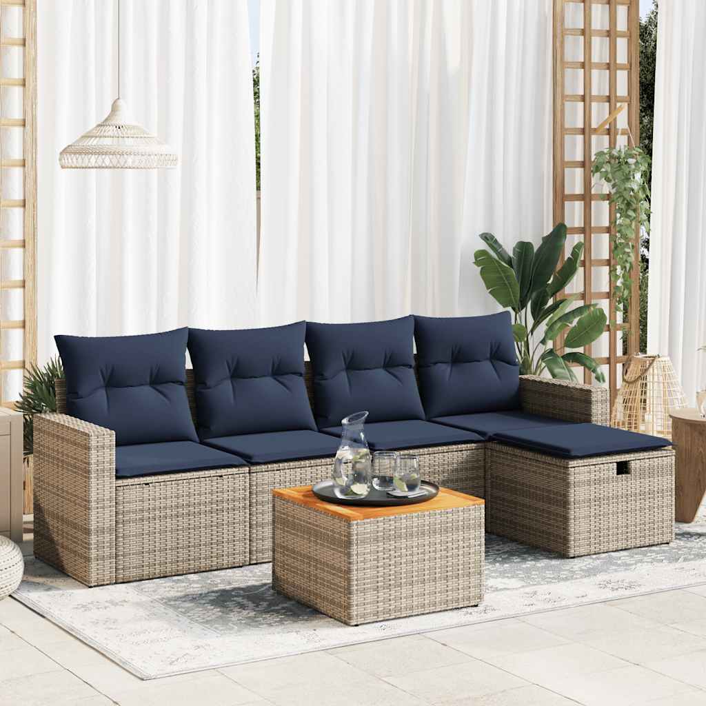 6-tlg. Garten-Sofagarnitur mit Kissen Grau Poly Rattan