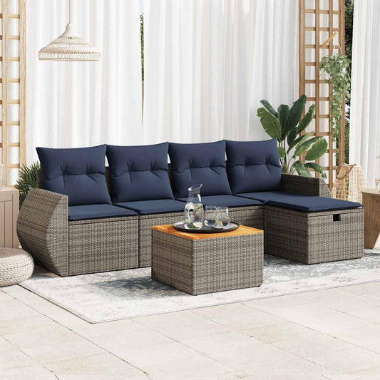 6-tlg. Garten-Sofagarnitur mit Kissen Grau Poly Rattan