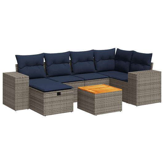 7-tlg. Garten-Sofagarnitur mit Kissen Grau Poly Rattan