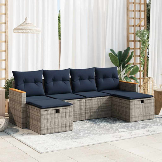 6-tlg. Garten-Sofagarnitur mit Kissen Grau Poly Rattan