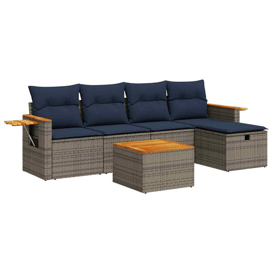 6-tlg. Garten-Sofagarnitur mit Kissen Grau Poly Rattan