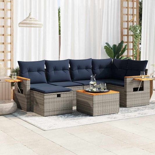 7-tlg. Garten-Sofagarnitur mit Kissen Grau Poly Rattan