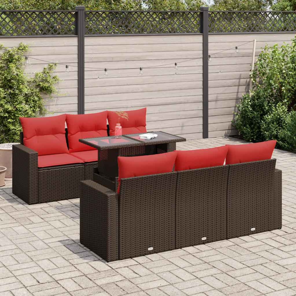 7-tlg. Garten-Sofagarnitur mit Kissen Braun Poly Rattan