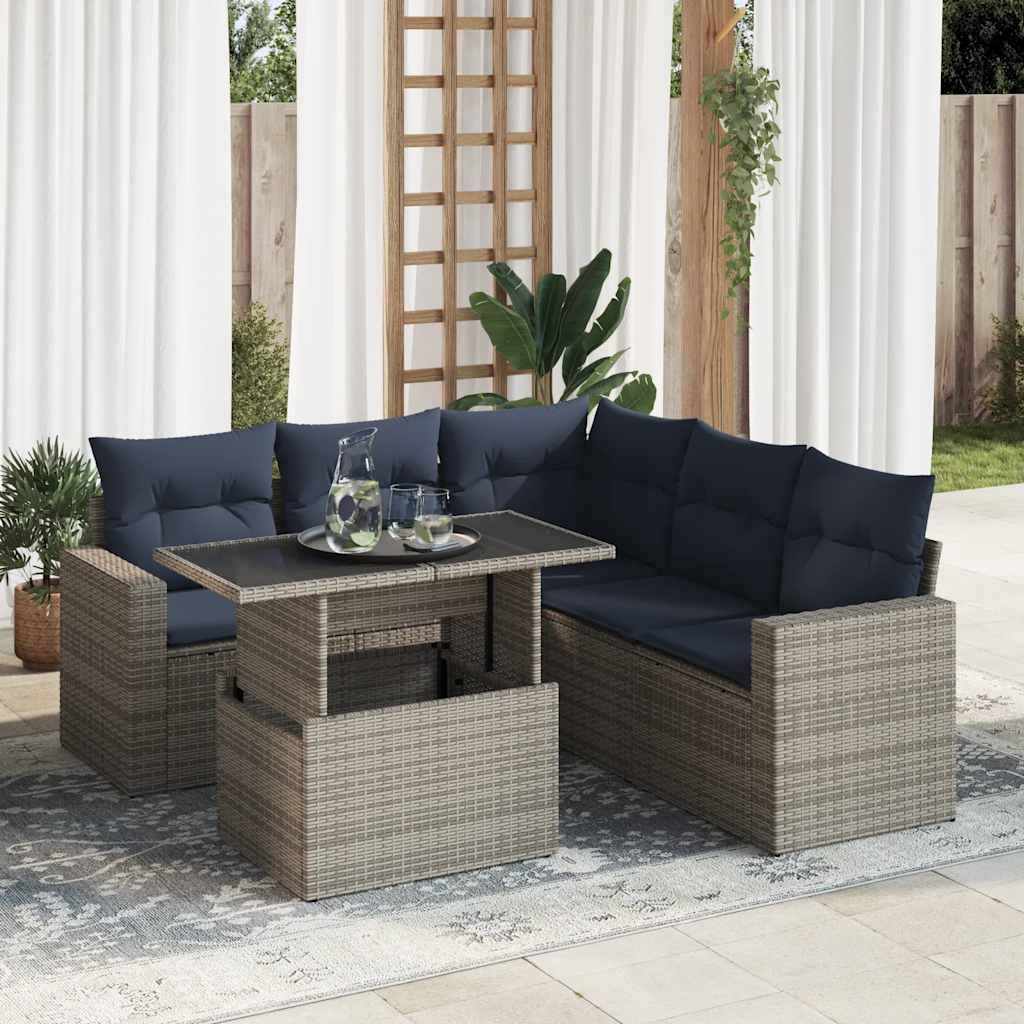 6-tlg. Garten-Sofagarnitur mit Kissen Grau Poly Rattan Akazie