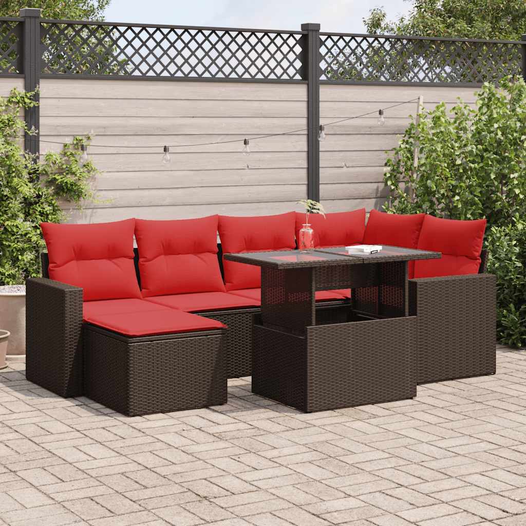 7-tlg. Garten-Sofagarnitur mit Kissen Braun Poly Rattan