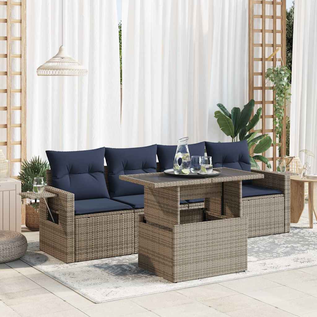 5tlg. Garten-Sofagarnitur mit Kissen Schwarz Poly Rattan Akazie