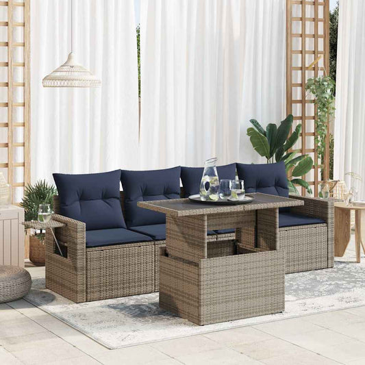 5tlg. Garten-Sofagarnitur mit Kissen Schwarz Poly Rattan Akazie