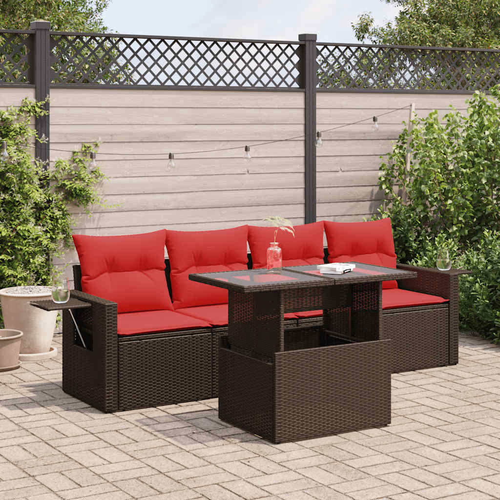 5-tlg. Garten-Sofagarnitur mit Kissen Braun Poly Rattan Akazie