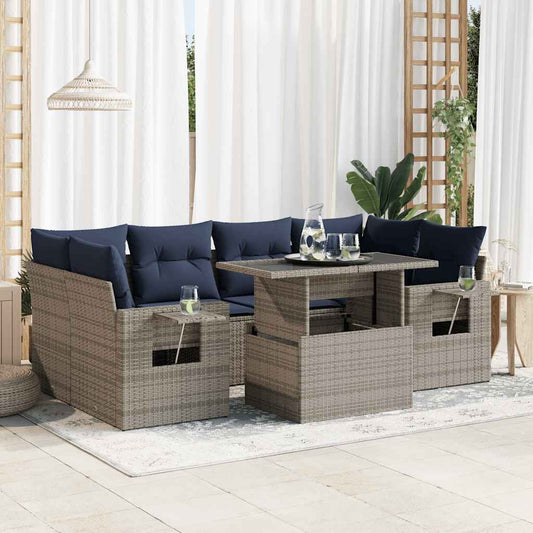 7-tlg. Garten-Sofagarnitur mit Kissen Grau Poly Rattan
