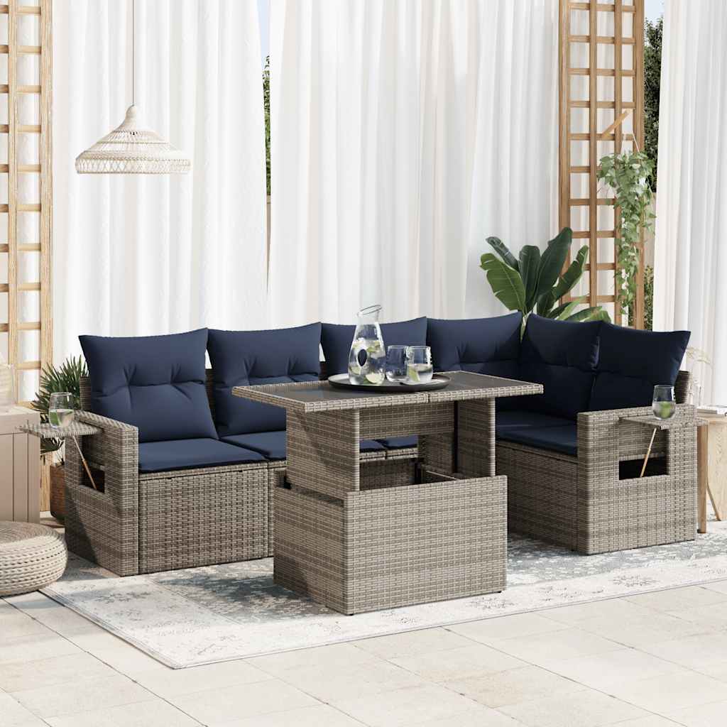 6-tlg. Garten-Sofagarnitur mit Kissen Grau Poly Rattan Akazie