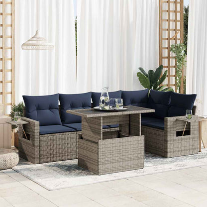 6-tlg. Garten-Sofagarnitur mit Kissen Grau Poly Rattan Akazie