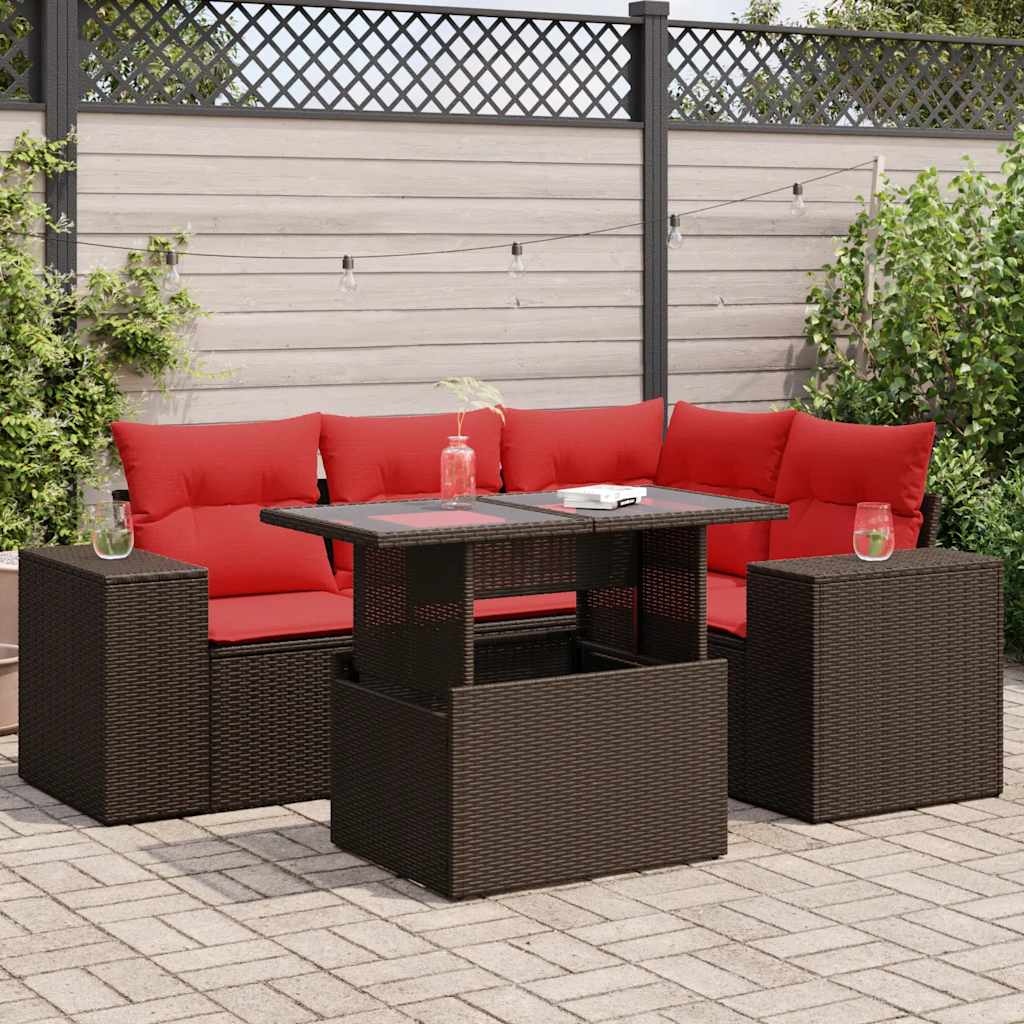 5-tlg. Garten-Sofagarnitur mit Kissen Braun Poly Rattan