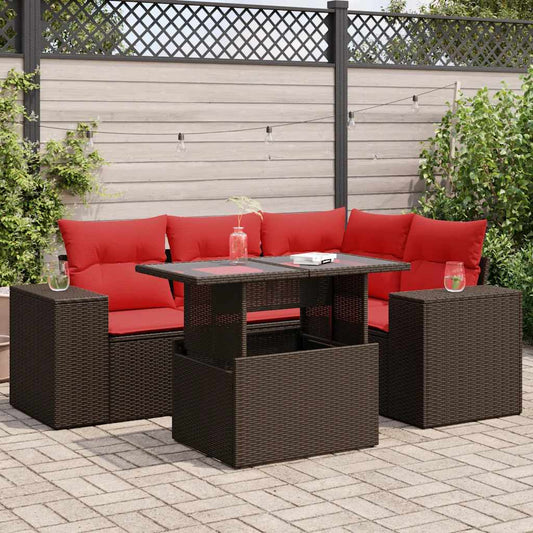 5-tlg. Garten-Sofagarnitur mit Kissen Braun Poly Rattan