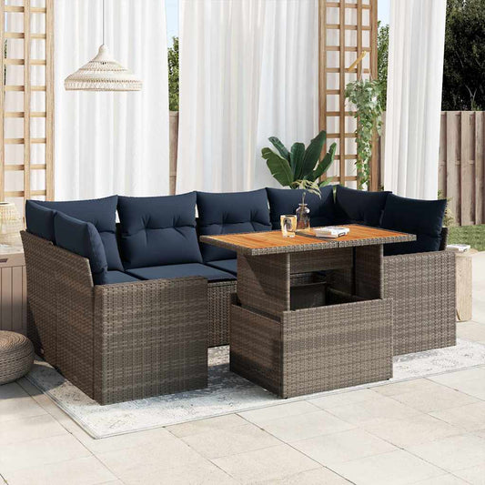 7-tlg. Garten-Sofagarnitur mit Kissen Grau Poly Rattan