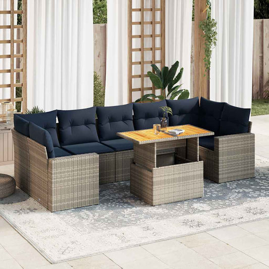 8-tlg. Garten-Sofagarnitur mit Kissen Grau Poly Rattan