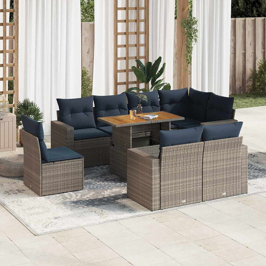 9-tlg. Garten-Sofagarnitur mit Kissen Grau Poly Rattan