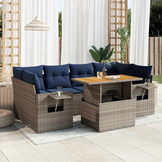 7-tlg. Garten-Sofagarnitur mit Kissen Grau Poly Rattan
