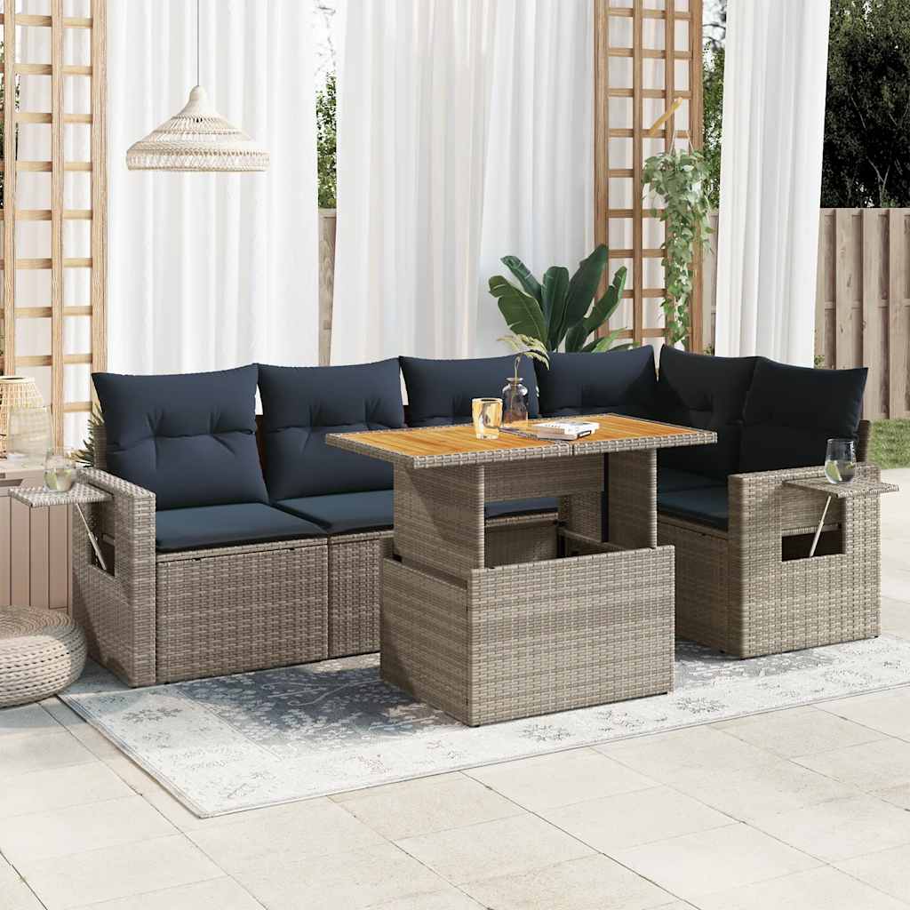 6-tlg. Garten-Sofagarnitur mit Kissen Grau Poly Rattan