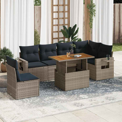 7-tlg. Garten-Sofagarnitur mit Kissen Grau Poly Rattan