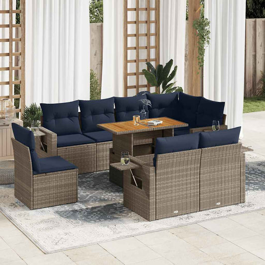 9-tlg. Garten-Sofagarnitur mit Kissen Grau Poly Rattan