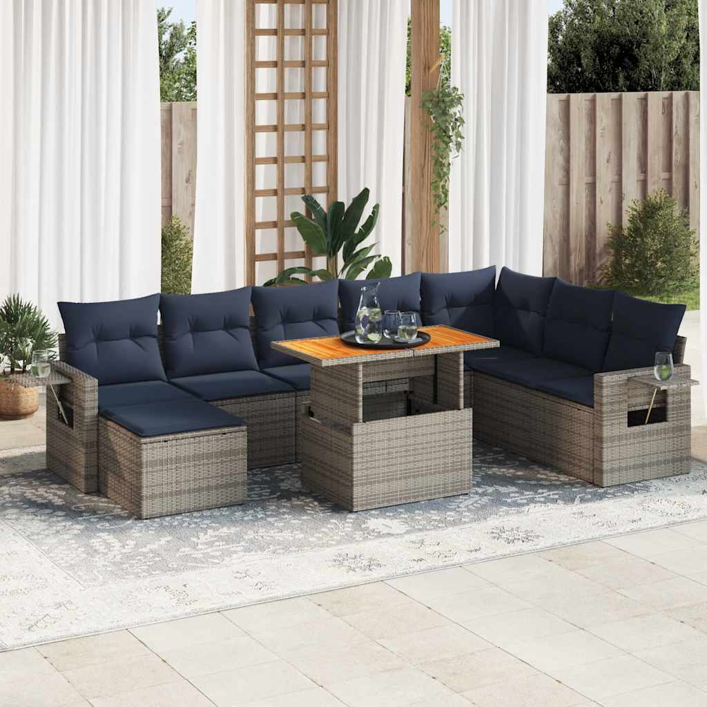 9-tlg. Garten-Sofagarnitur mit Kissen Grau Poly Rattan