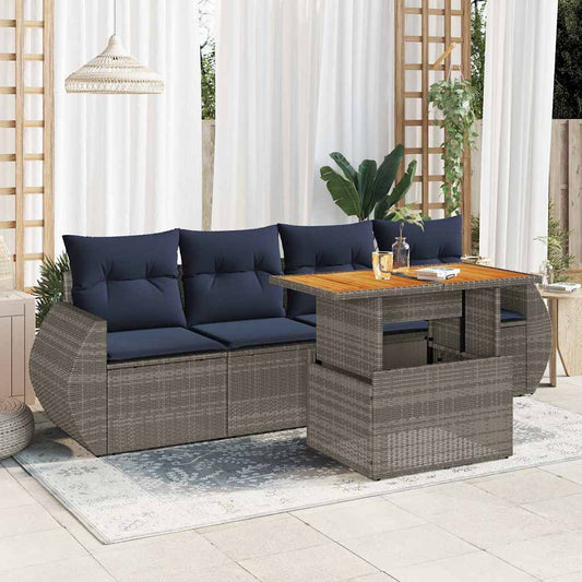 5-tlg. Garten-Sofagarnitur mit Kissen Grau Poly Rattan