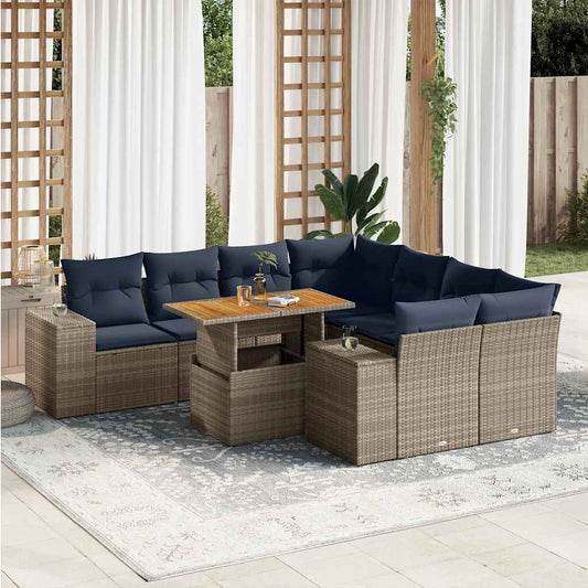 9-tlg. Garten-Sofagarnitur mit Kissen Grau Poly Rattan