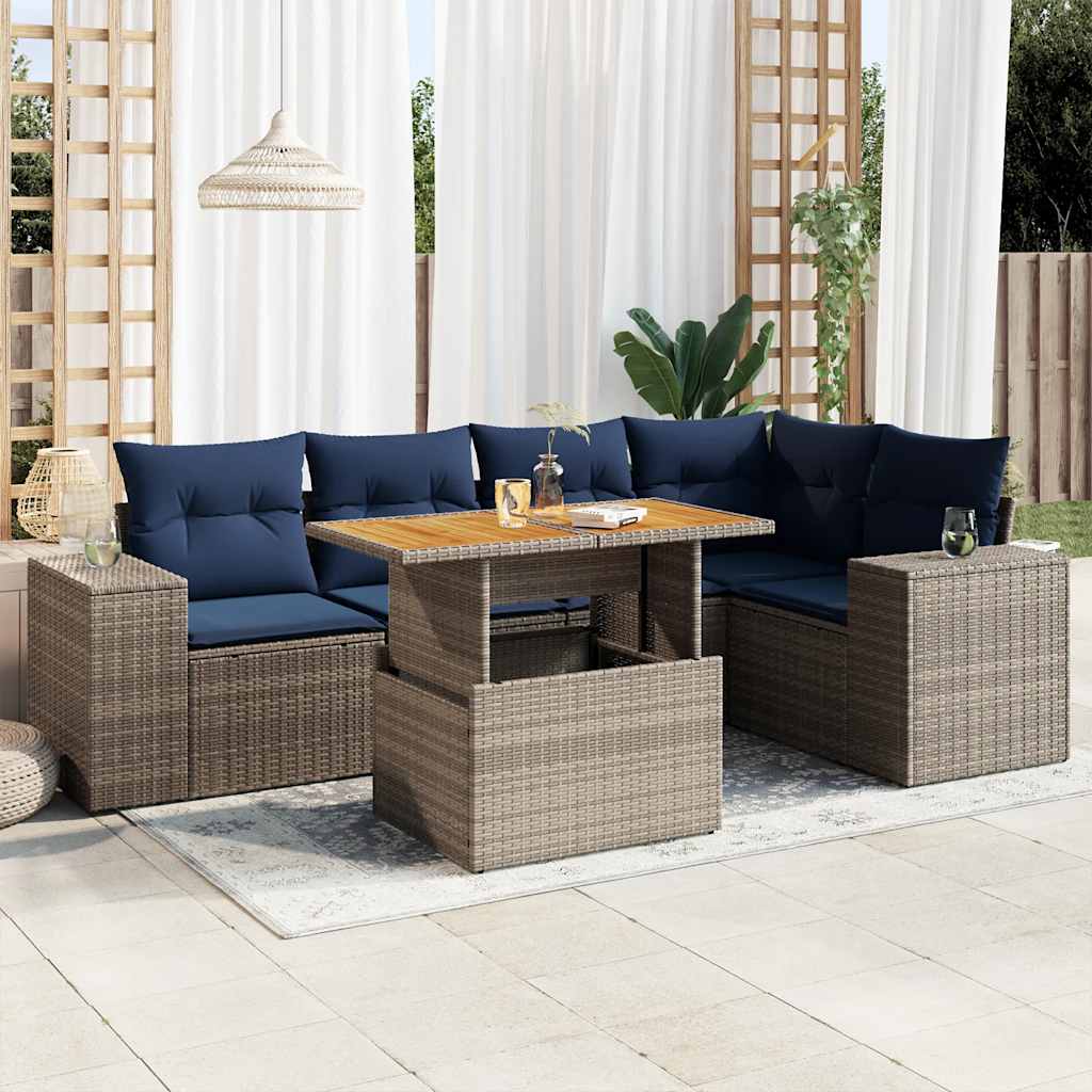 6-tlg. Garten-Sofagarnitur mit Kissen Grau Poly Rattan