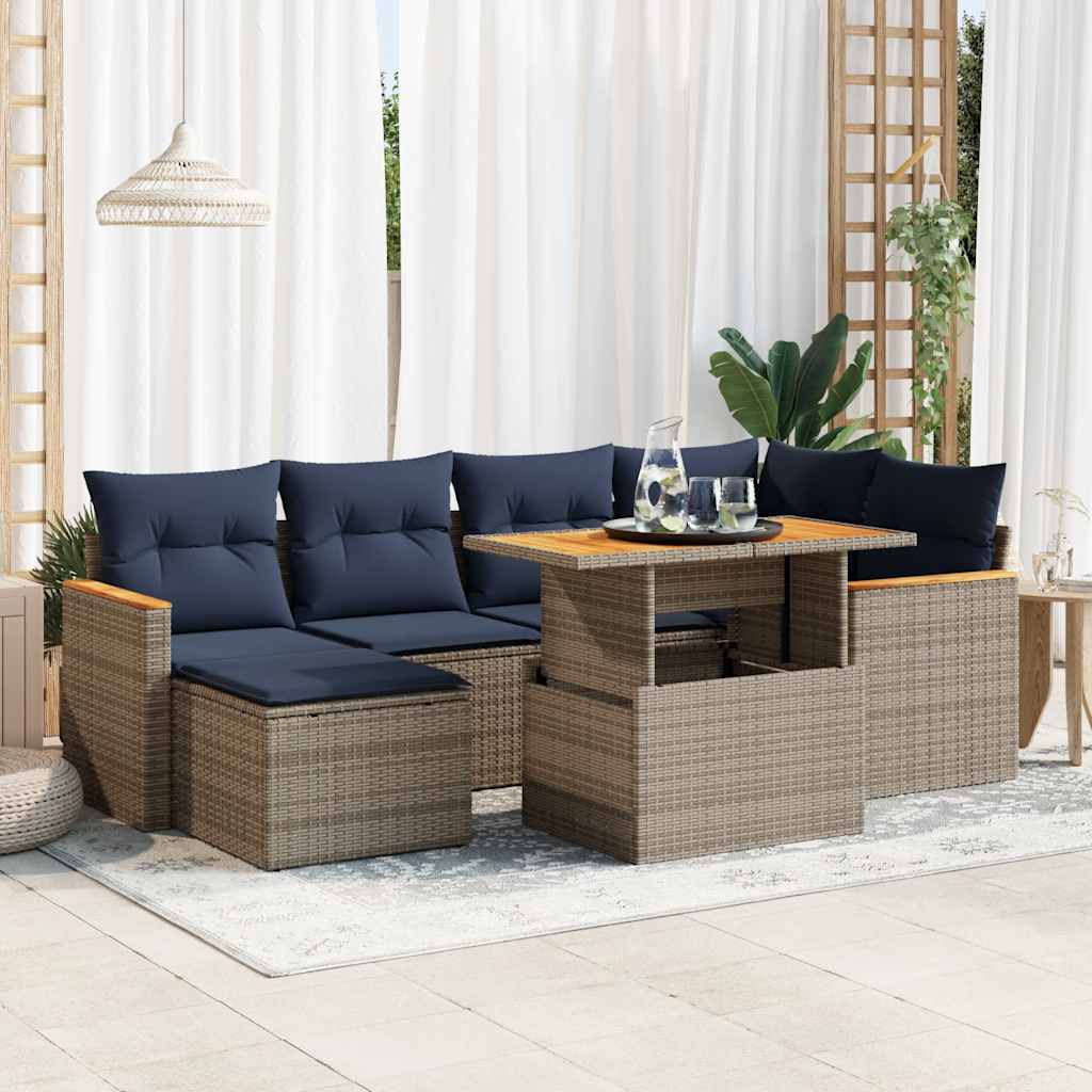 7-tlg. Garten-Sofagarnitur mit Kissen Grau Poly Rattan