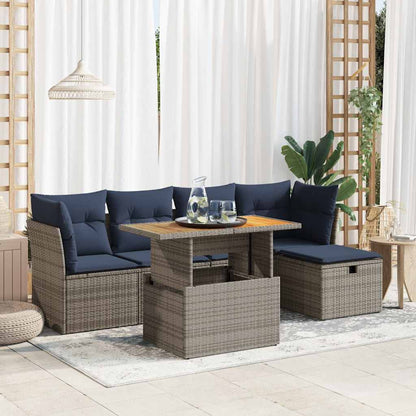 6-tlg. Garten-Sofagarnitur mit Kissen Grau Poly Rattan Akazie