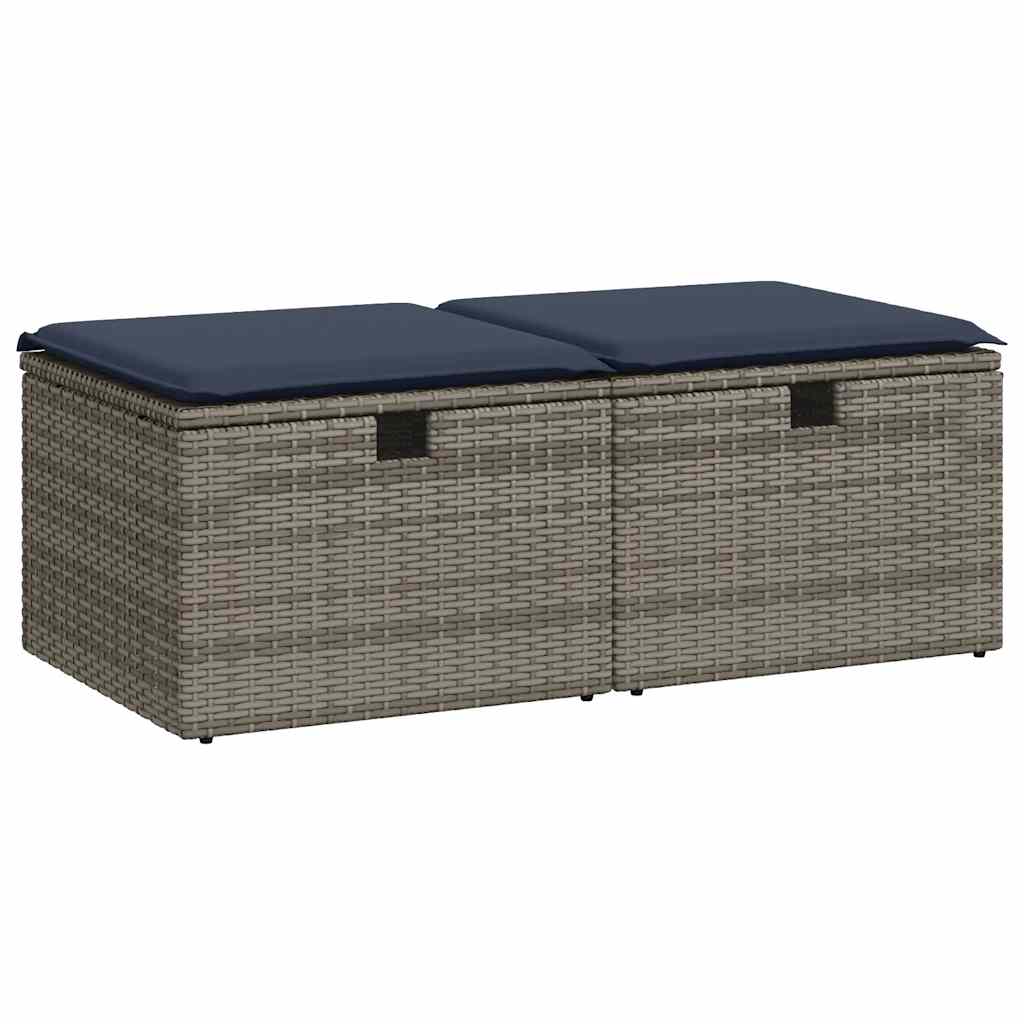2-tlg. Gartenhocker mit Kissen Grau Poly Rattan